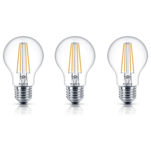 Philips LED Lampe ersetzt 60W, E27 Standardform A60, klar, warmweiß, 806 Lumen, nicht dimmbar, 3er Pack