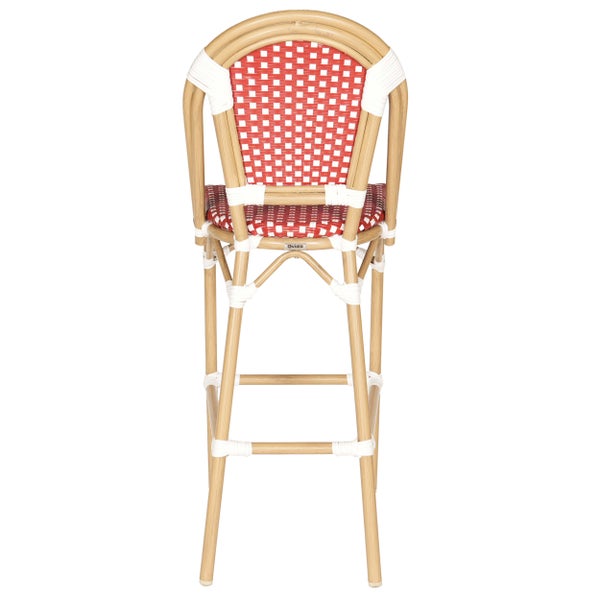 Bistrohocker mit geflochtener Sitzfläche und Rückenlehne in Rot-Weiß, Gestell in Holzoptik.