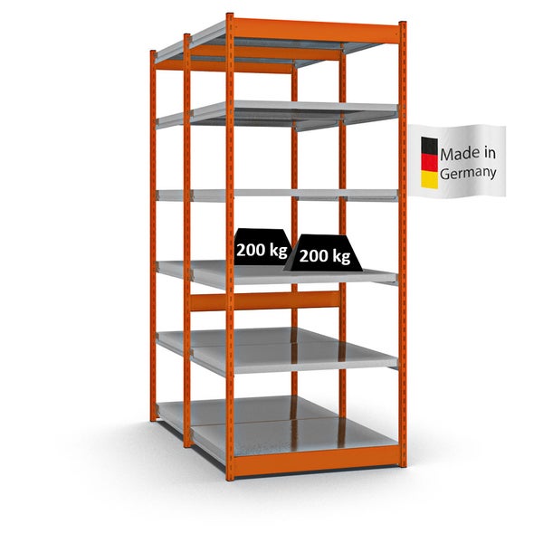 PROREGAL Fachbodenregal Stecksystem Vierkant-Profil Grundregal HxBxT 250 x 102,5 x 80 cm 2x6 Ebenen Doppelseitige Bauart Fachlast 200 kg Orange