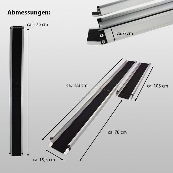 Abbildung einer Aluminium Rollstuhlrampe mit Maßangaben