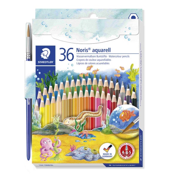 Set mit 36 wasservermalbaren Staedtler Noris aquarell Buntstiften inklusive Pinsel in einer Kartonverpackung mit Unterwasser Motiv