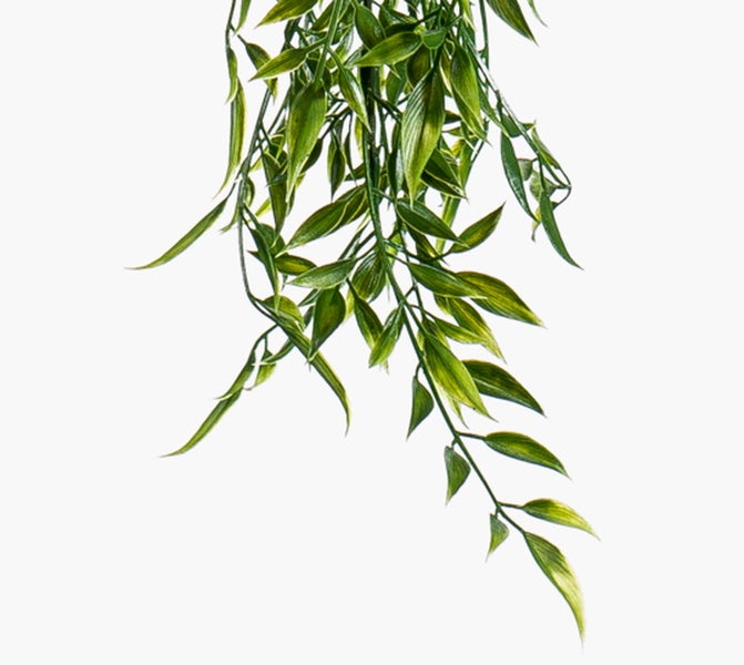Künstliche Palme im schwarzen Topf, Detailansicht der grünen Blätter und braunen Blattansätze.