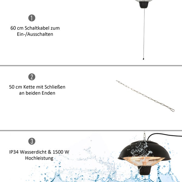 Outsunny Deckenheizstrahler, Heizstrahler, 1500W, Ø40,5 x 30,7 cm, Alu, Stahl, Kunststoff, Schwarz