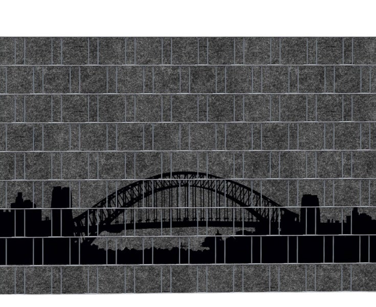 Gabionenwand mit Sydney-Skyline-Motiv