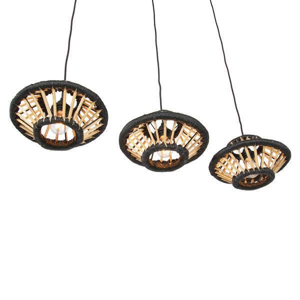 Hängelampe mit drei Leuchten aus Holz und Seil