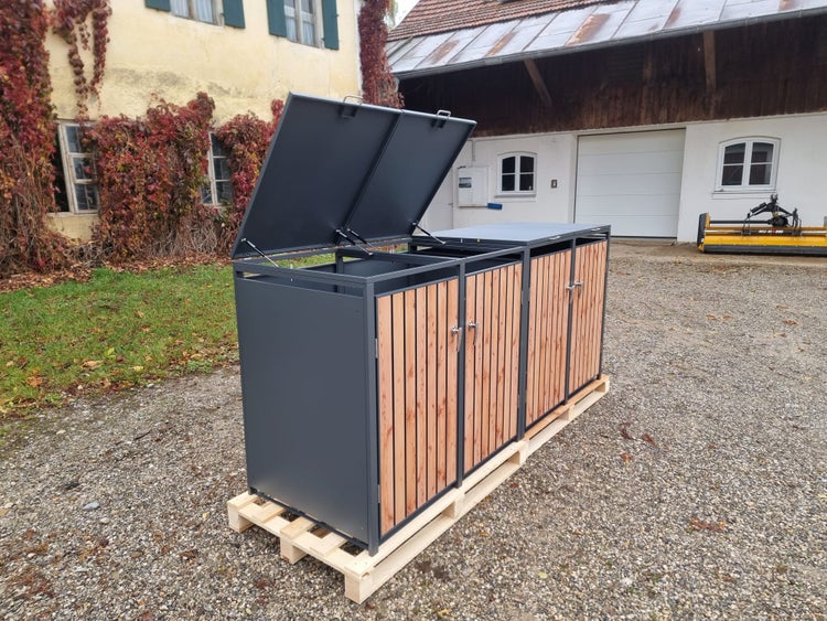My Mülltonne BOSCO Mülltonnenbox-Lärche Optik, 4er Modell, anthrazit RAL 7016, 264 x 80 x 116 cm mit Klappdach inkl. Gasdruckdämpfer und SoftClose
