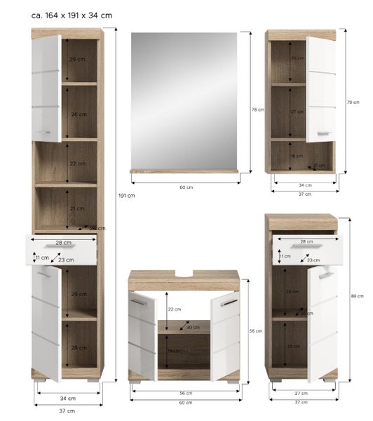 Badezimmer-Möbelset in Eiche-Dekor mit weißen Fronten, bestehend aus Hochschrank, Spiegel und Schränken mit Maßangaben in Zentimetern.