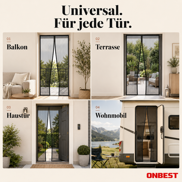 Universeller Insektenschutz für Balkontüren, Terrassentüren, Haustüren und Wohnmobile mit Magnetverschluss. ONBEST Logo.