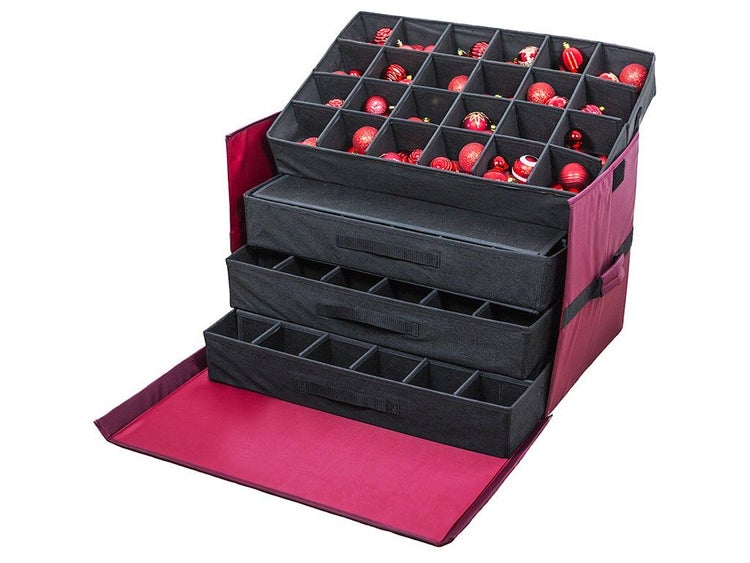 Aufbewahrungsbox für Weihnachtskugeln mit mehreren Etagen und Trennelementen zur geordneten Lagerung von Baumschmuck.