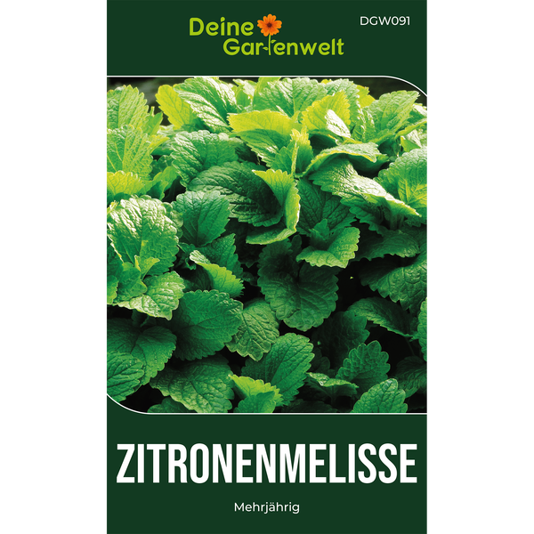 Samentüte für Zitronenmelisse, mehrjährig, Abbildung grüner Kräuterblätter, Deine Gartenwelt Logo.