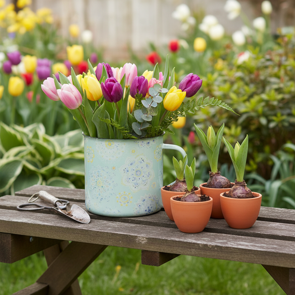 Strauß Tulpen in einer gemusterten Emaillekanne und Blumenzwiebeln in Terrakottatöpfen auf einer Gartenbank aus Holz in einem hellen Garten.