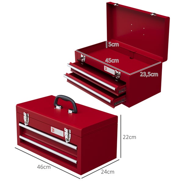 DURHAND Werkzeugkoffer leer, 46 x 24 x 22 cm Werkzeugkasten mit 2 Schubladen, oberes Staufach, Handgriff, Werkzeugkiste mit 2 Schloss, aus Stahl, Rot