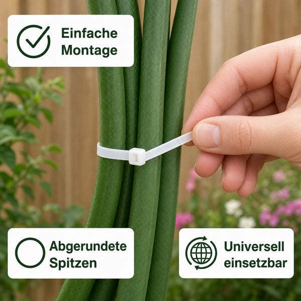Eine Hand befestigt grüne Gartenstäbe mit einem weißen Kabelbinder. Das Produkt bietet einfache Montage, abgerundete Spitzen und universellen Einsatz.