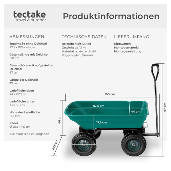 Gartenwagen tectake Cubbi Belastbarkeit 120 kg mit Kippfunktion grün