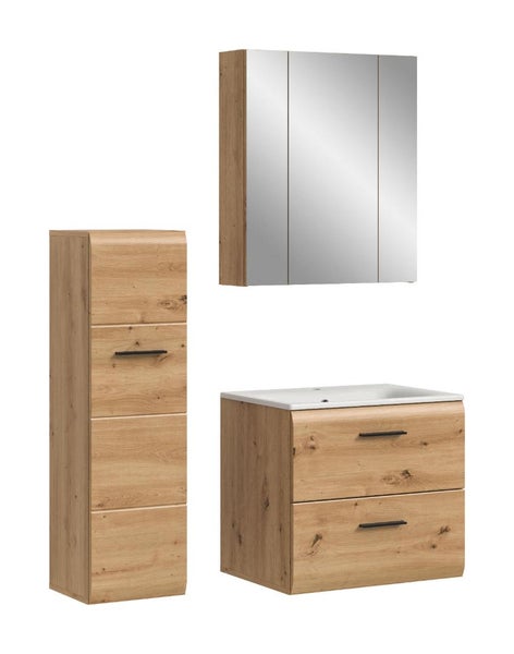 Badezimmermöbel-Set in Holzoptik mit Waschtischunterschrank, Keramikbecken, dreitürigem Spiegelschrank und Hochschrank.