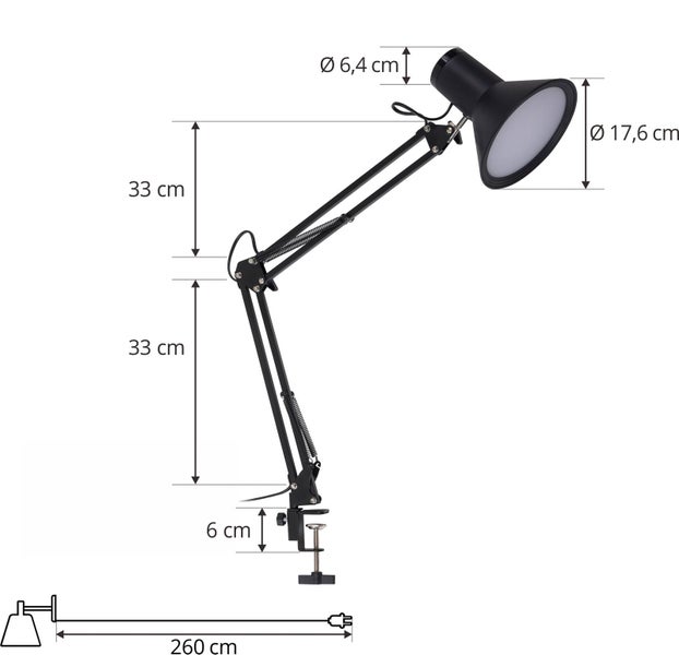Schwarze Schreibtischlampe mit Klemmfuß, zwei 33 Zentimeter Gelenkarmen, 17,6 Zentimeter Schirmdurchmesser und 260 Zentimeter Kabel.