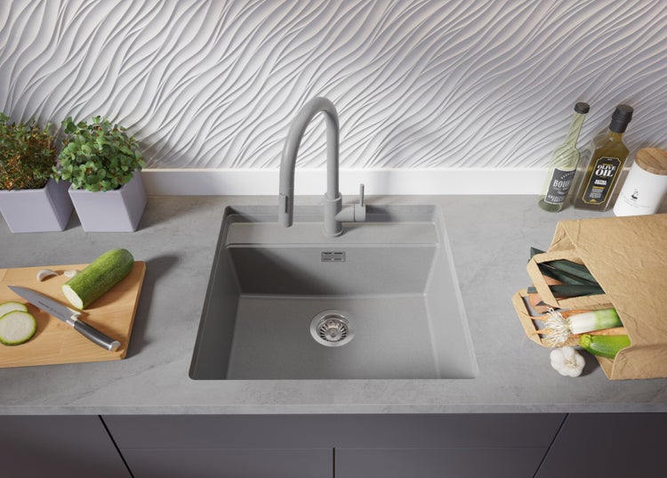 PRIMAGRAN Unterbauspüle Granit Grau 56x53cm, Spülbecken 1 Becken + Ablauf-Set + Schneidebrett, Granitspüle ab 60er Unterschrank - Bergen