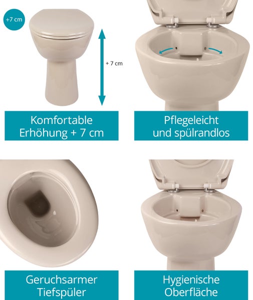 Calmwaters® Stand WC spülrandlos Komplettset Elements Wellness mit Toilettendeckel, erhöhtes WC + 7 cm, abnehmbarer WC Sitz Absenkautomatik, Schnellbefestigung, Tiefspüler, Beige, 07AB5426