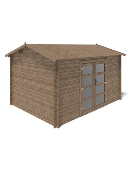 Gartenhaus aus Holz mit Satteldach und Doppeltür mit Glaseinsätzen