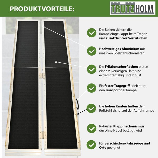 Trutzholm Logo. Produktvorteile: Aluminiumrampe mit Edelstahlscharnieren, Bolzen, Friktionsoberflächen, Tragegriff, hoher Kante und Klappmechanismus für Rollstühle und Fahrzeuge.