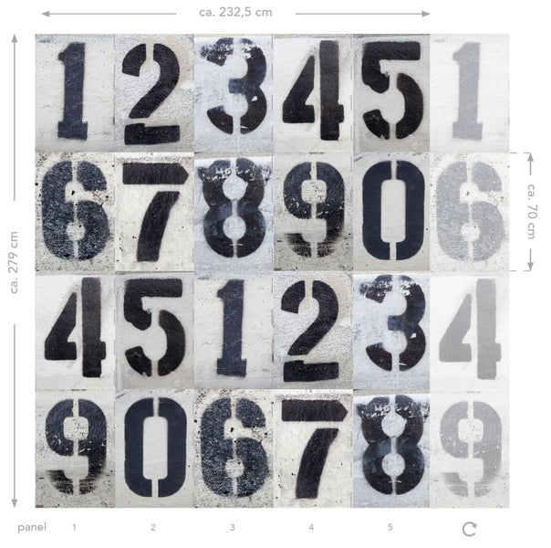 Fototapete mit aufgemalten Zahlen auf Paneelen