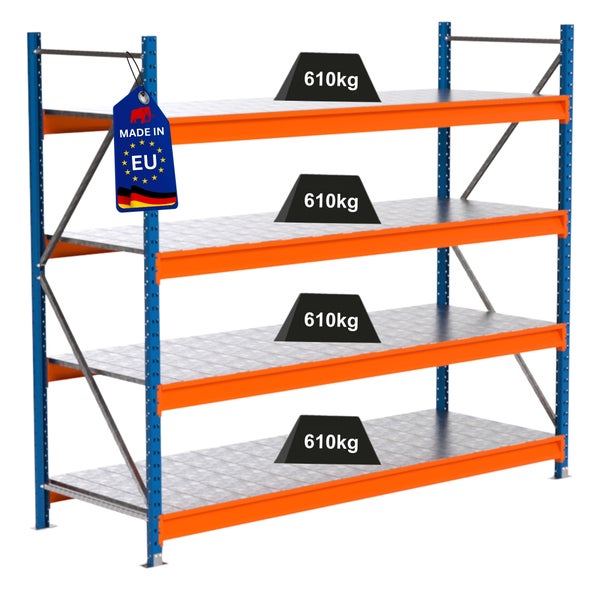 Schwerlastregal mit vier Ebenen und einer Traglast von 610 Kilogramm pro Ebene