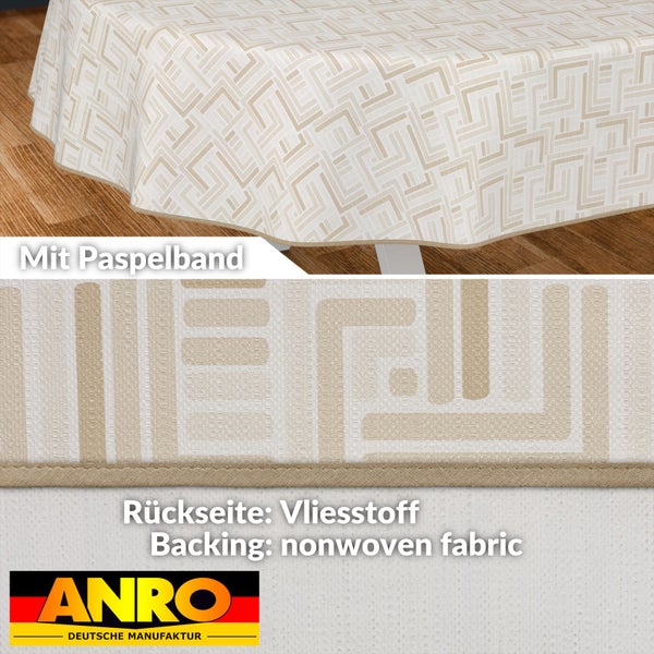 Tischdecke mit geometrischem Muster und Paspelband, Rückseite aus Vliesstoff, ANRO Logo