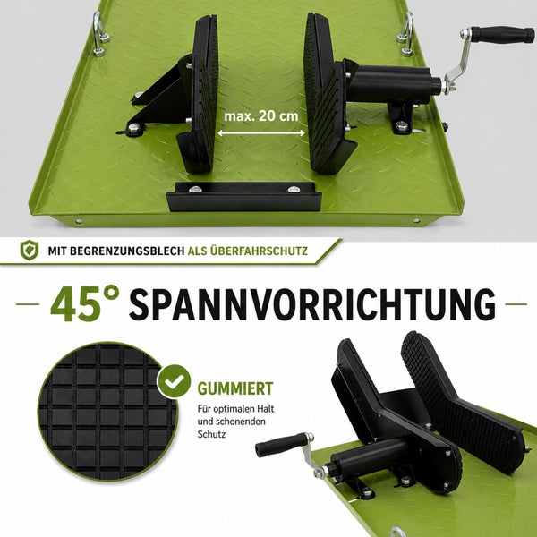45 Grad Spannvorrichtung mit gummierten Klemmbacken auf grüner Metallplatte, maximale Spannweite 20 Zentimeter, inklusive Begrenzungsblech.
