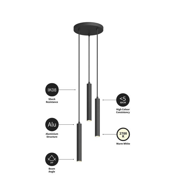 Dreiflammige Pendelleuchte in Schwarz aus Aluminium, 24 Grad Abstrahlwinkel, 2700 Kelvin warmweißes Licht, Stoßfestigkeitsgrad IK08.