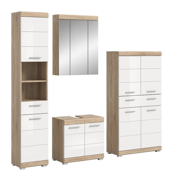 Badezimmermöbel-Set 4-teilig, Korpus in Eiche-Optik, Fronten in Weiß, bestehend aus Hochschrank, Spiegelschrank, Waschbeckenunterschrank, Seitenschrank.