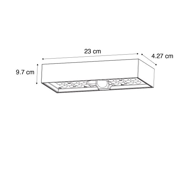 Maßzeichnung einer rechteckigen Wandleuchte mit den Maßen 23 Zentimeter Breite, 9,7 Zentimeter Höhe und 4,27 Zentimeter Tiefe.