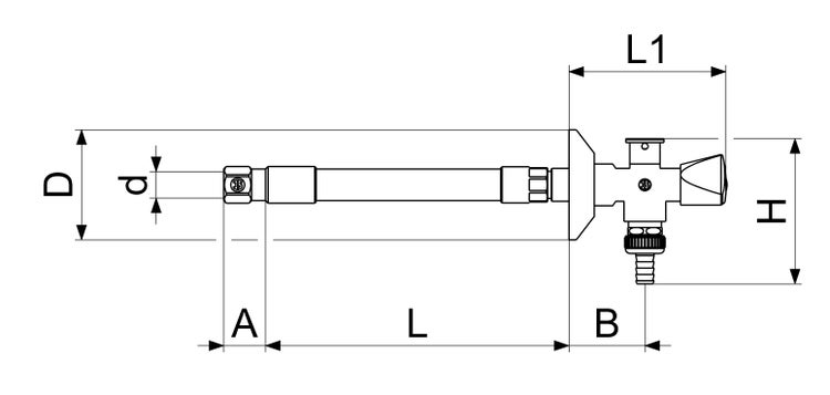 Technische Zeichnung einer frostfreien Außenarmatur mit Maßangaben für Länge, Höhe und Durchmesser.