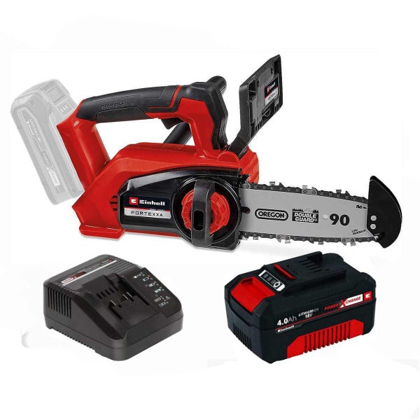 Einhell Akku-Kettensäge Fortexxa mit bürstenlosem Motor, Oregon Schwert, 18 Volt 4,0 Amperestunden Lithium-Ionen-Akku und Ladegerät.