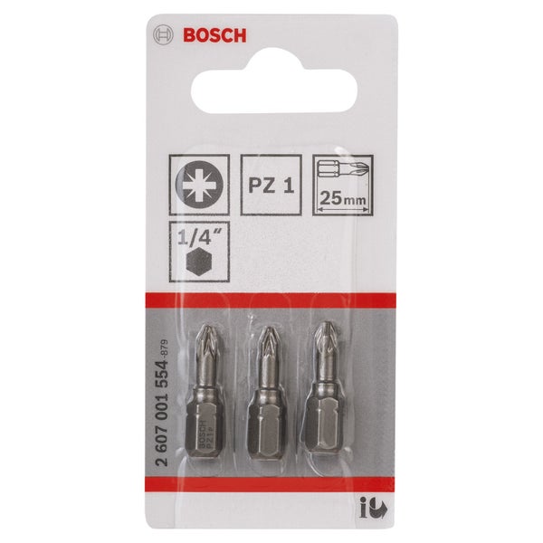 Bosch Logo. Packung mit drei 25 Millimeter PZ1 Schrauberbits für Schraubendreher