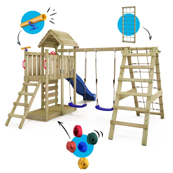 WICKEY Spielturm Klettergerüst RocketFlyer mit Schaukel und Rutsche, Kletterturm mit Sandkasten, Kletteranbau und Spiel-Zubehör - blau