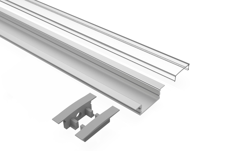 TIVENDIS Led Alu Profil 2 m EF Komplett Set für Strip / Streifen bis 12 mm breit | Abdeckung transparent klar, Endkappen |  Einbau Fußleisten Flachprofil eloxiert