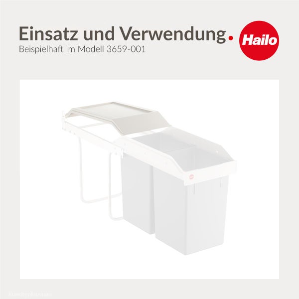 Hailo Logo. Einbau-Abfalltrennsystem mit zwei Mülleimern und Auszugsystem, beispielhaft dargestellt am Modell 3659-001.