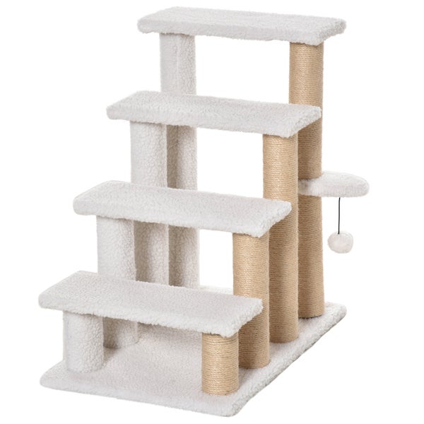 PawHut Katzentreppe 4-stufige Haustiertreppe mit Kratzsäulen Ball Hundetreppe Tiertreppe für Katzen bis 5 kg Plüsch Jute Weiß 60 x 40 x 64 cm