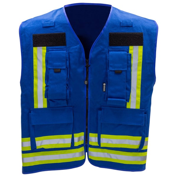 Blaue Arbeitsweste mit mehreren Taschen, Reflexstreifen und Frontreißverschluss.