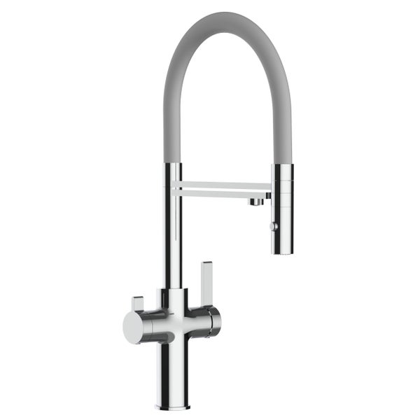 3 Wege Wasserhahn Küchenarmatur, FC, mit 360° schwenkbarem Auslauf, abnehmbare 2 strahl Handbrause, Verchromt / Grau