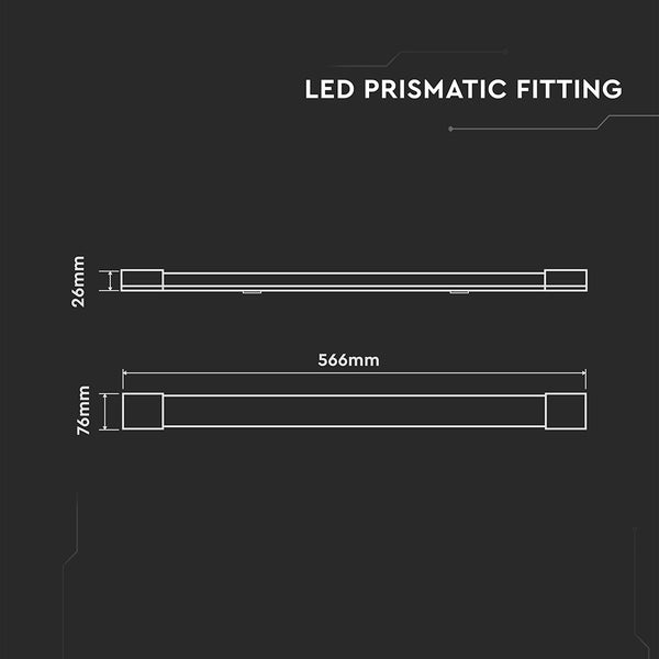 Abmessungen der LED-Prismaleuchte: 566 mm Länge, 26 mm Höhe (oben), 76 mm Höhe (unten)