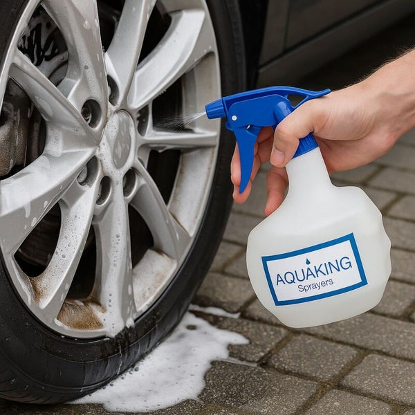 Eine Person sprüht Reinigungsmittel mit einer Aquaking Sprühflasche auf eine Autofelge.