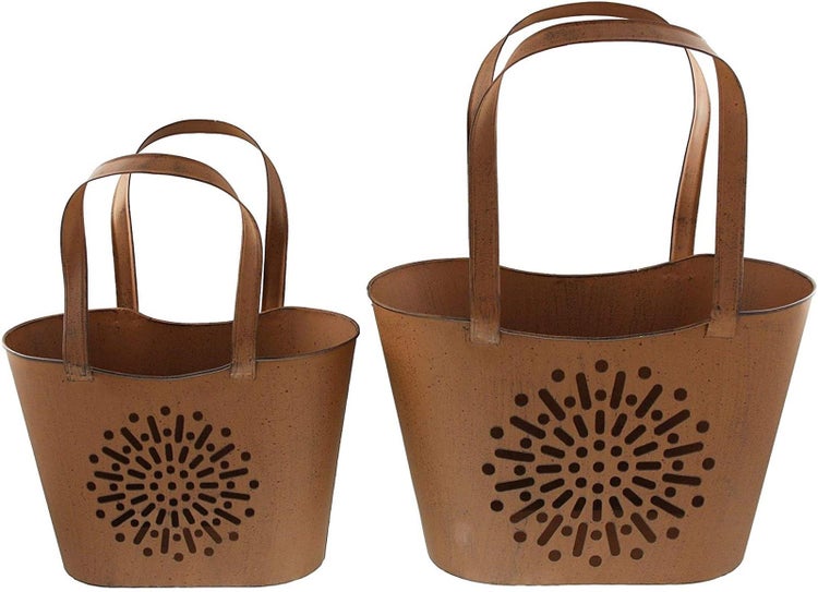 Dekoleidenschaft 2x Deko Tasche aus Metall in Rost Optik, Windlicht, Vase, Kerzenständer, Tischdeko, Gartendeko für Drinnen & Draußen