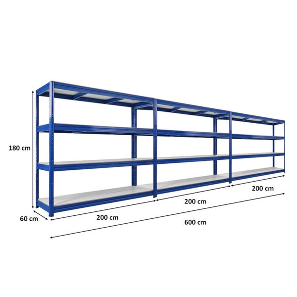 Blaues Metallregal mit den Maßen 180 cm Höhe, 60 cm Tiefe und 600 cm Breite