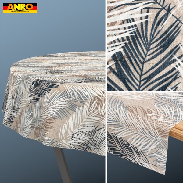 Abwaschbare Wachstuch-Tischdecke mit Palmenblatt-Muster. Detailansichten der Materialoberfläche und des Musters. ANRO Logo.