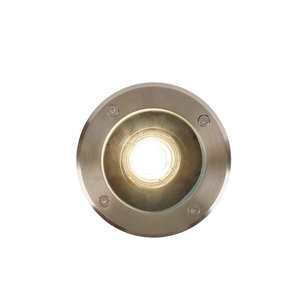 Runder Bodeneinbaustrahler aus Edelstahl mit Glasabdeckung und eingeschalteter Lichtquelle.
