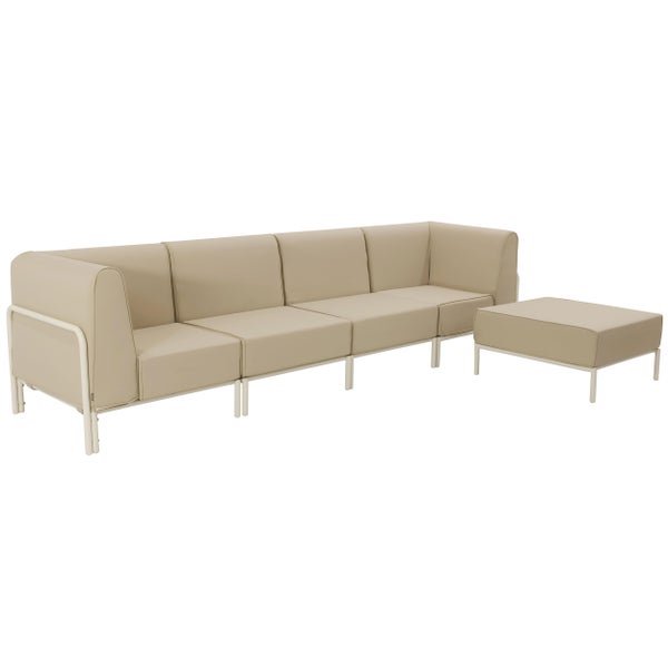Modulares Lounge-Sofa-Set mit Hocker, beigen Sitzkissen und weißem Metallrahmen für den Außenbereich.