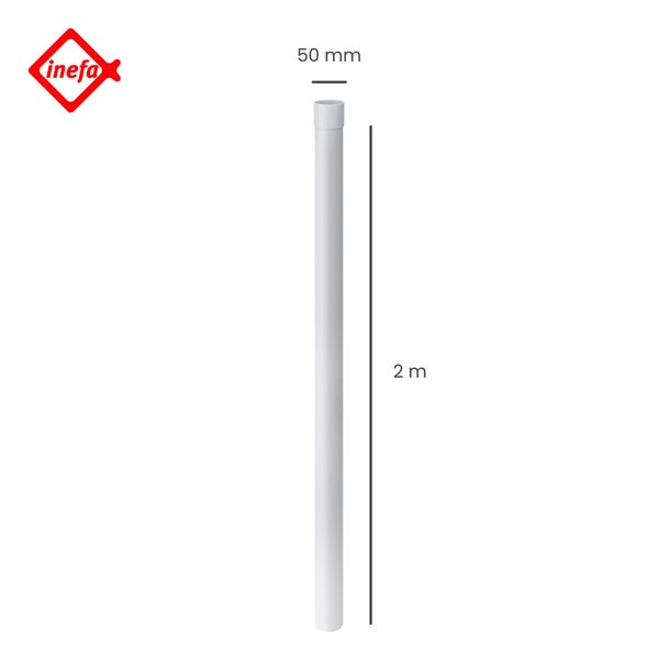 Inefa Logo, weißes Inefa Fallrohr mit einem Durchmesser von 50 Millimeter und einer Länge von 2 Meter.