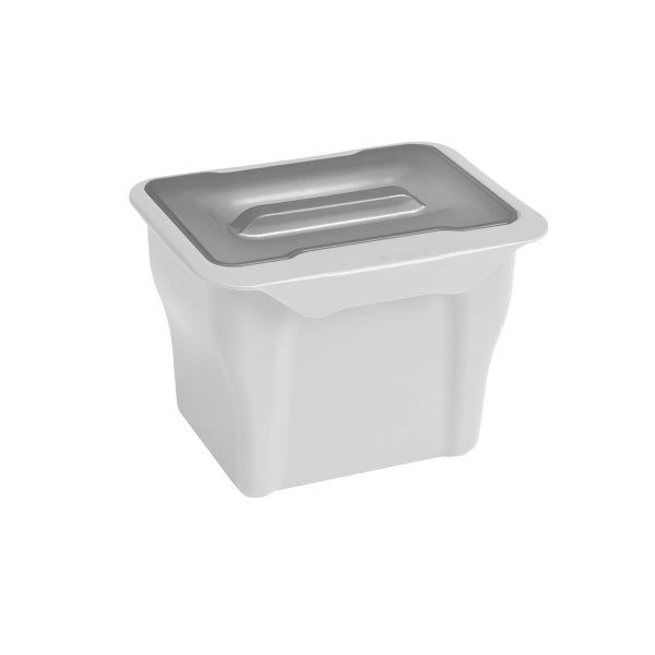 Kunststoff-Aufbewahrungsbox mit Deckel in Weiß und Grau.