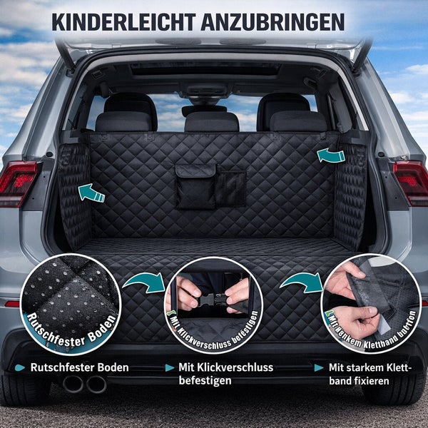 Kofferraumschutzmatte für Hunde, rutschfest, mit Klickverschluss und Klettband einfach im Kofferraum zu befestigen.